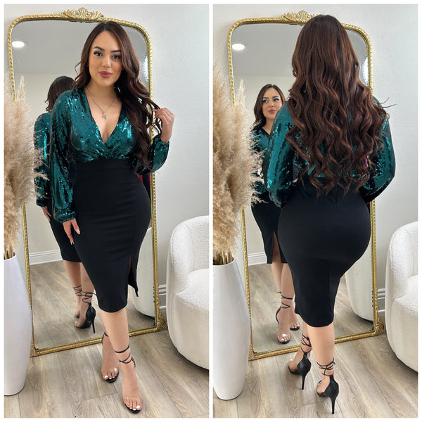 Glam Nights Sequin Dress (Black/Green)