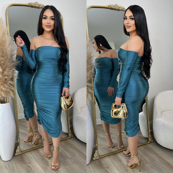 Jessica Rhinestone Dress (Teal)