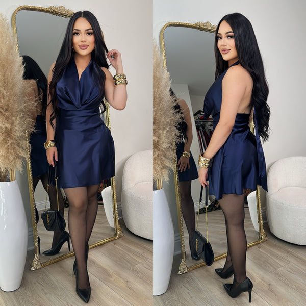 Sassy Satin Dress (Navy Blue)