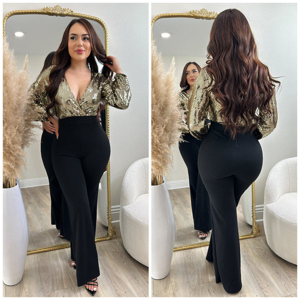 Holiday Sequin Jumpsuit Black Gold Ginas Boutique1