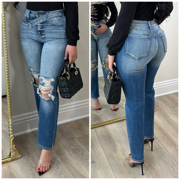 Cross Over High Waist Jeans (Medium Wash)