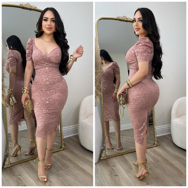 mauve lace up dress Mauve Lace Overlay Fitted Dress