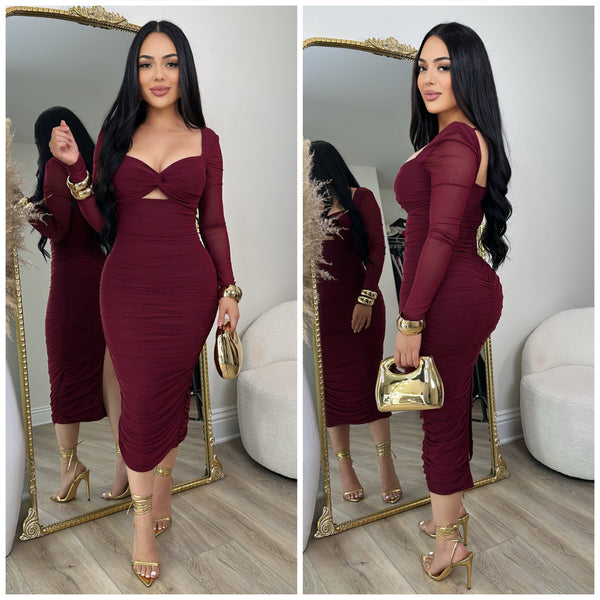 Couture Rhinestone Mesh Dress (Burgundy)