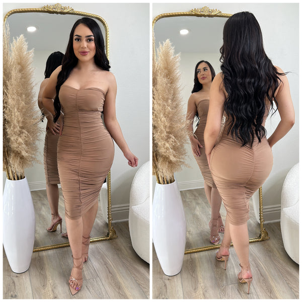 Kylie Ruched Midi Dress (Nude)