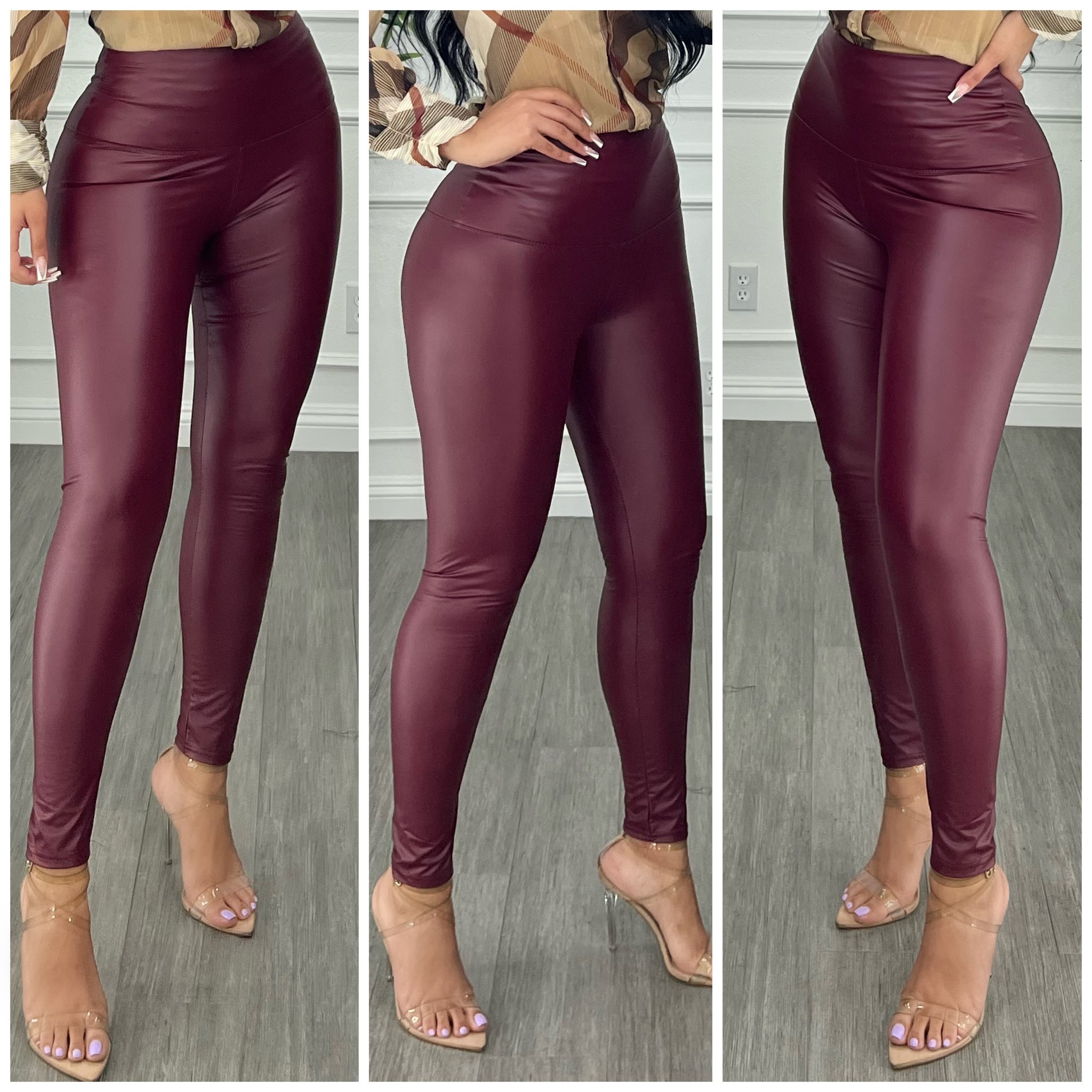 Burgundy faux leather leggings best sale