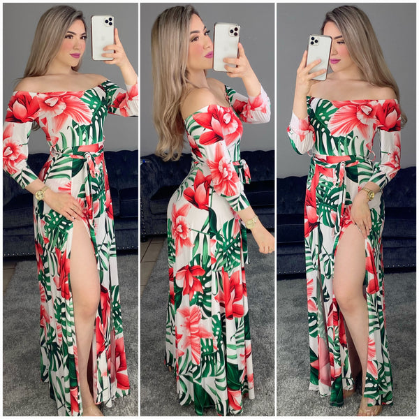 Tropical Maxi Dress (White/Green)